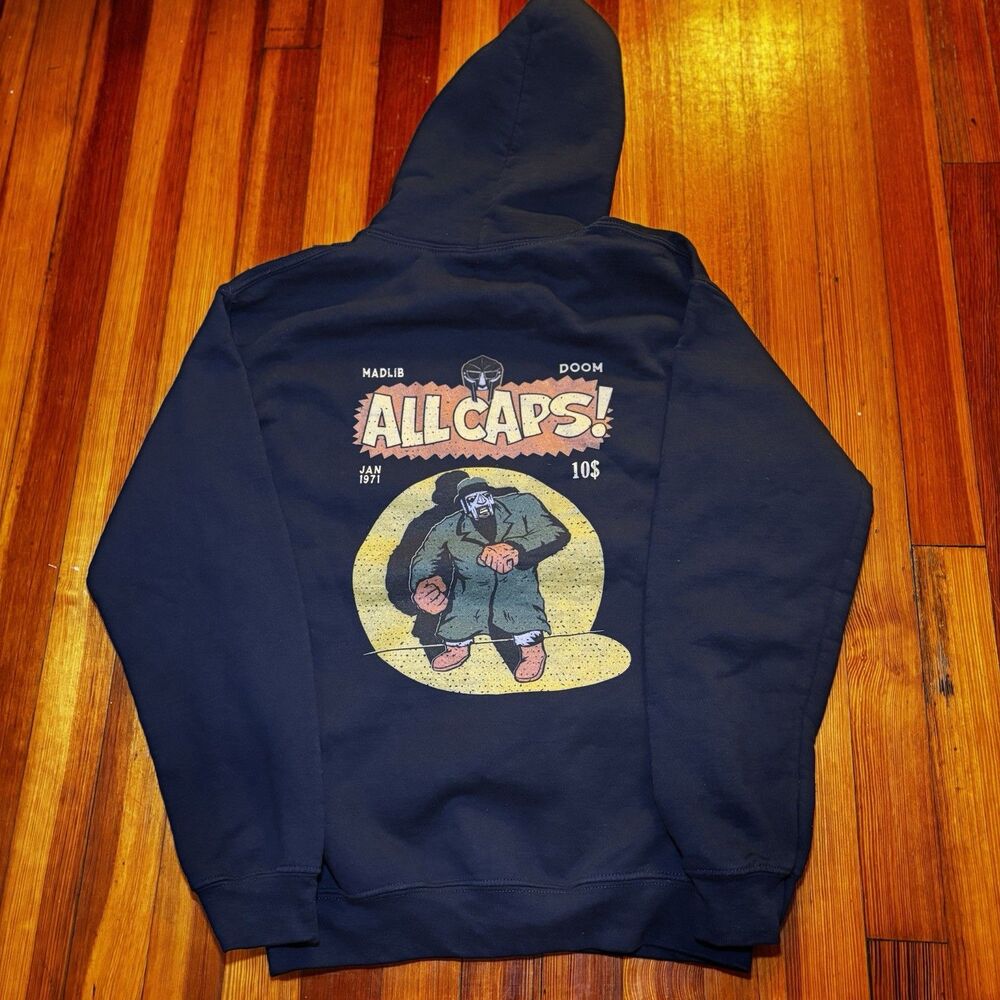MF Doom Hoodie Mens S Black All Caps Madlib Pullover Official Gildan